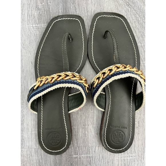 Tory Burch Mini Benton Gold Chain Band Flat Sandals Poblano Yonder Womens 6.5M - Picture 3 of 10